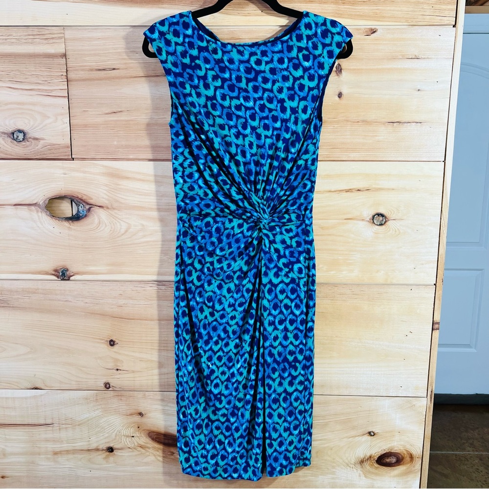 Lauren Ralph Lauren Teal & Navy Midi Knotted Waist Dress Classy Sophisticated